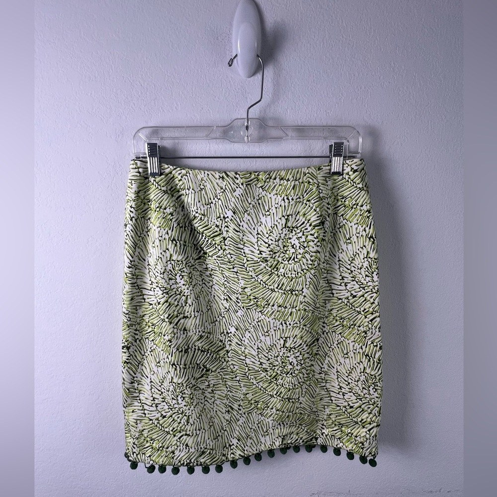 Etcetera Green white Pom Pom Hem Cotton Spandex Pencil Skirt